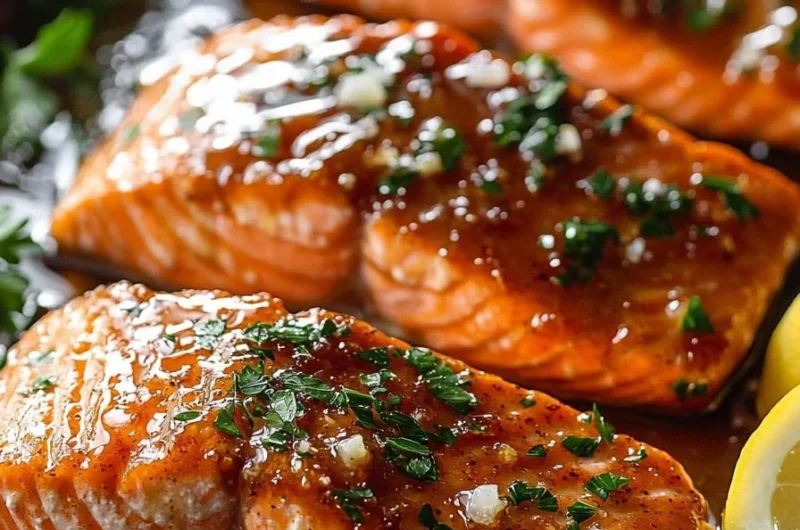 Crispy honey garlic butter salmon fillet garnished with herbs