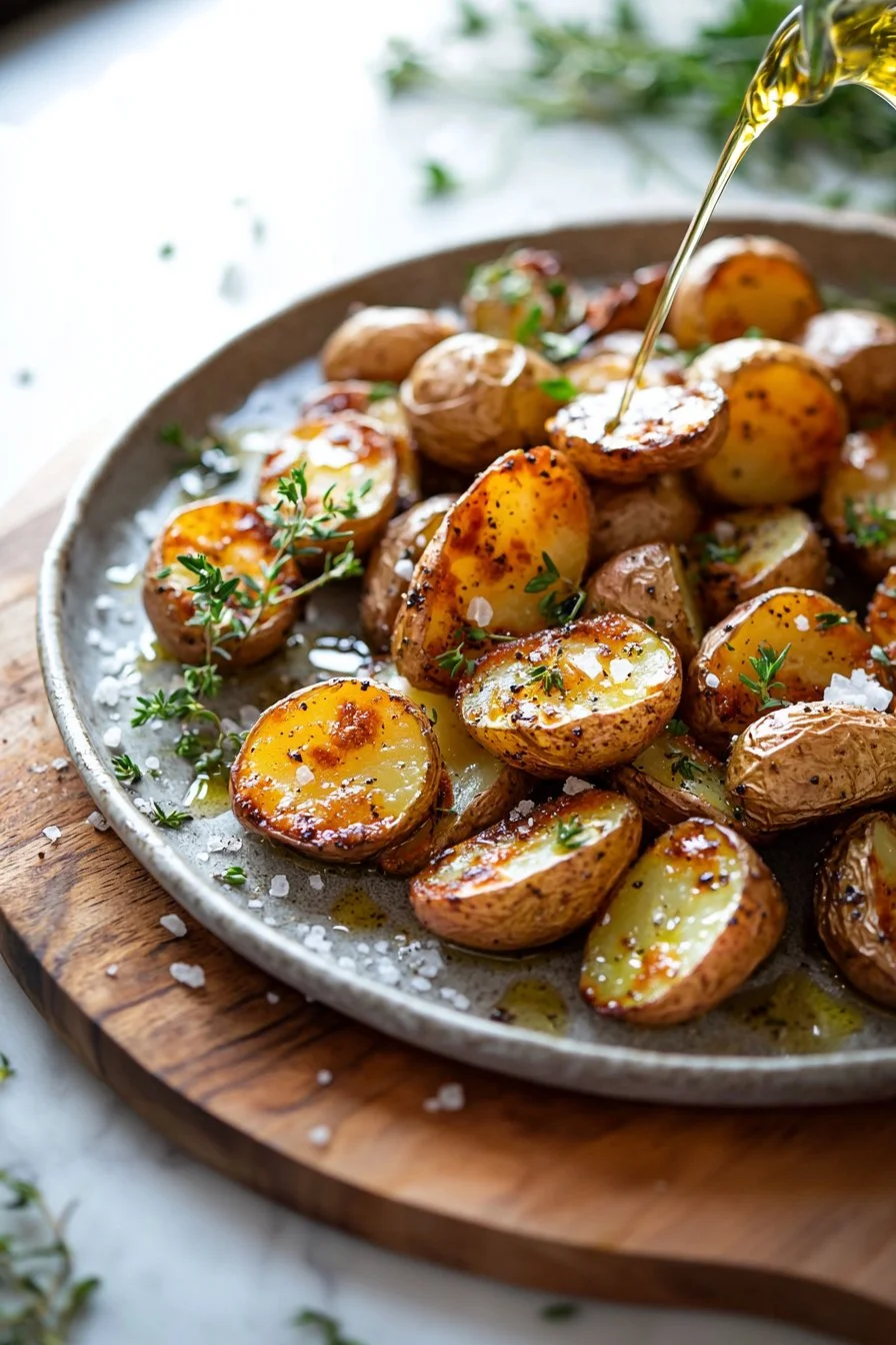 Plate of crispy roasted fingerling potatoes garnished with herbs