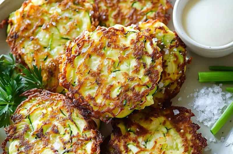 Crispy zucchini fritters on a plate garnished with herbs.