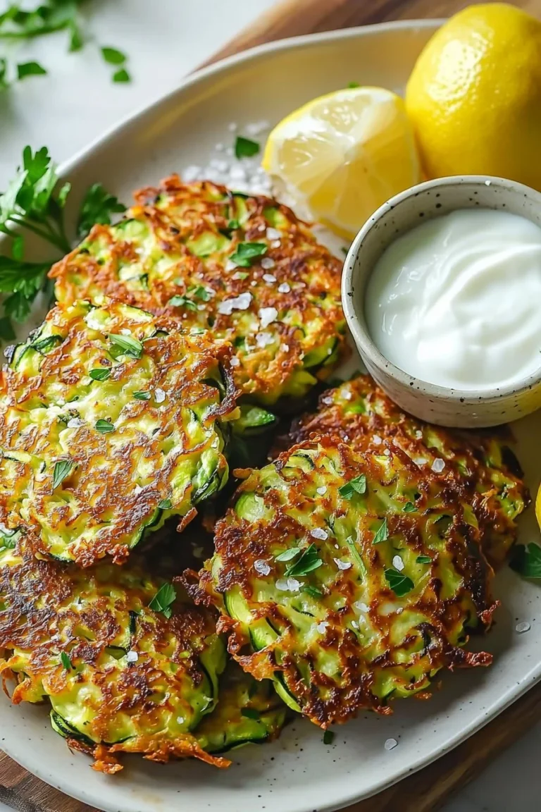 Crispy zucchini fritters served with lemon yogurt dip.