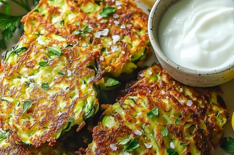 Crispy zucchini fritters served with lemon yogurt dip.