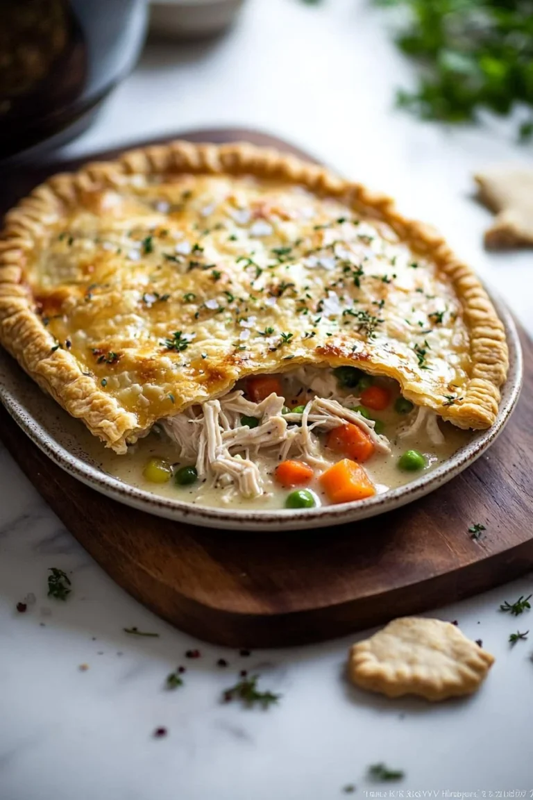Delicious crock pot chicken pot pie with flaky crust and hearty filling