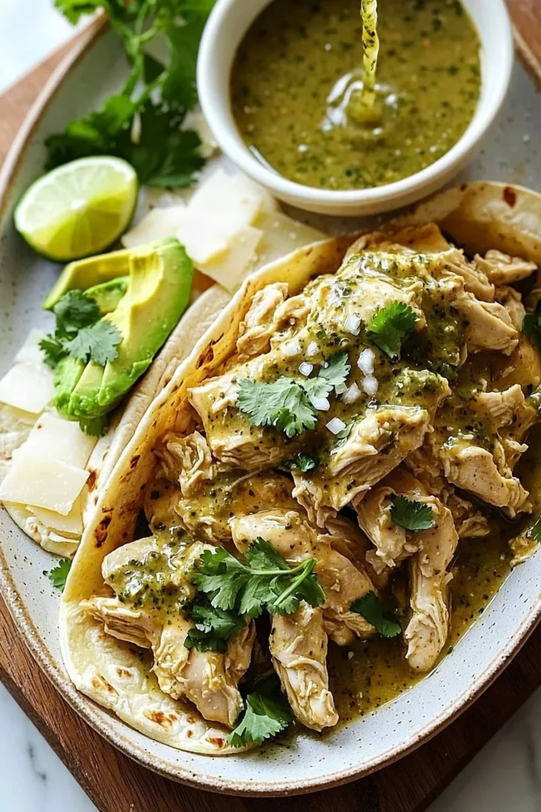 Delicious crockpot salsa verde chicken ready to serve.