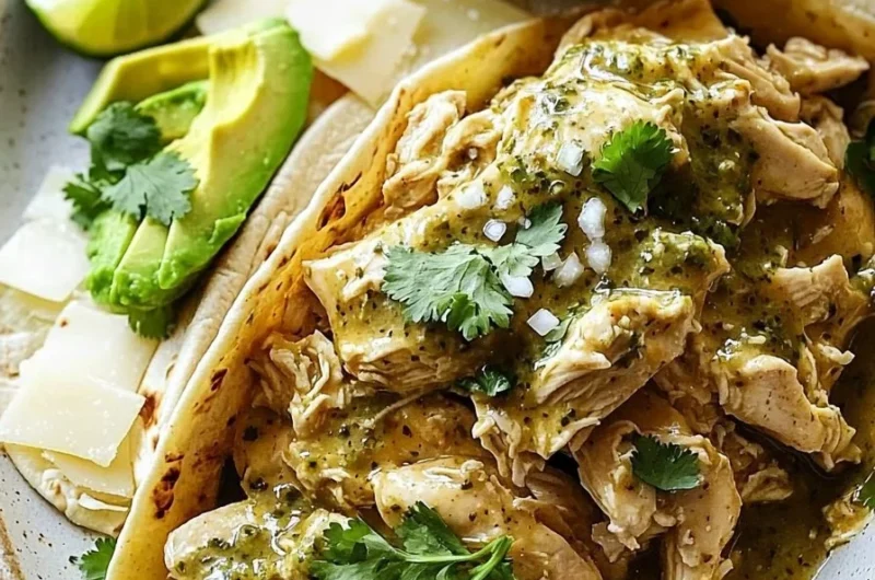 Delicious crockpot salsa verde chicken ready to serve.