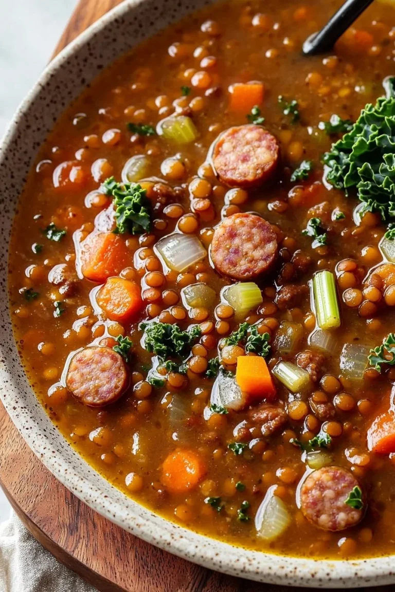 Delicious Crockpot Sausage Lentil Soup filled with sausage and lentils.
