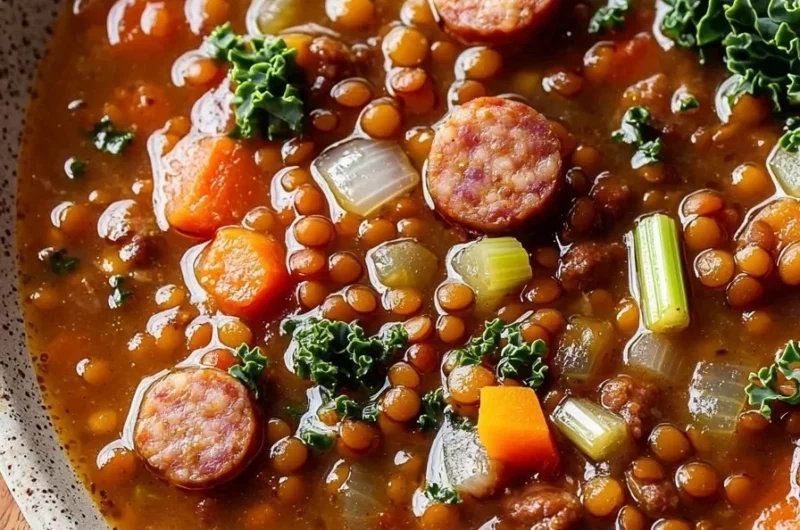 Delicious Crockpot Sausage Lentil Soup filled with sausage and lentils.