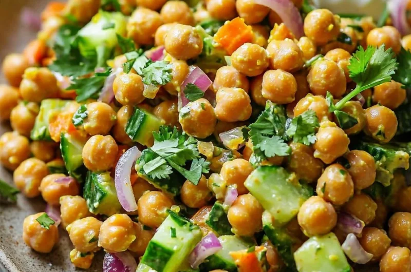 Curried chickpea salad with vibrant spices and fresh vegetables