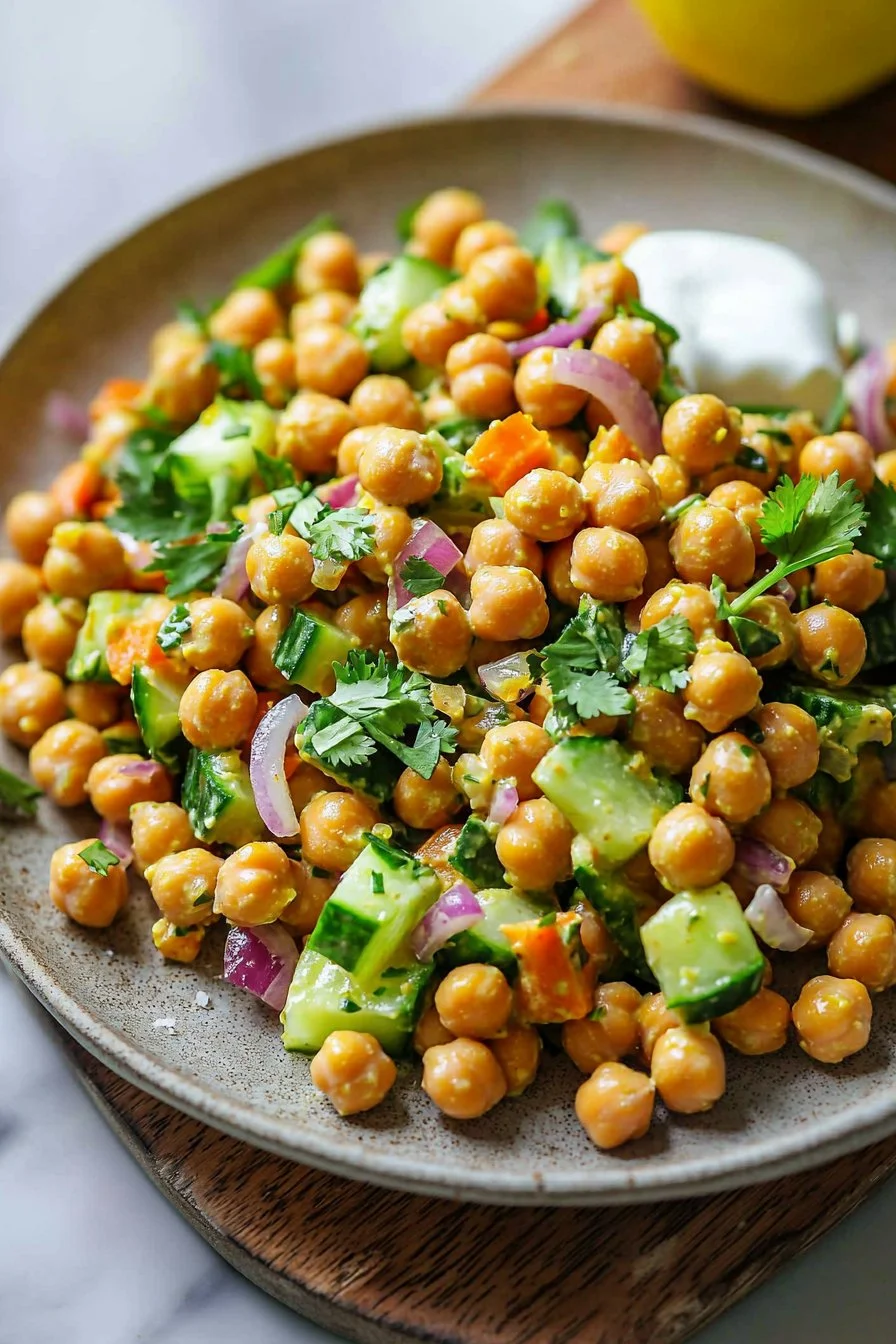 Curried chickpea salad with vibrant spices and fresh vegetables