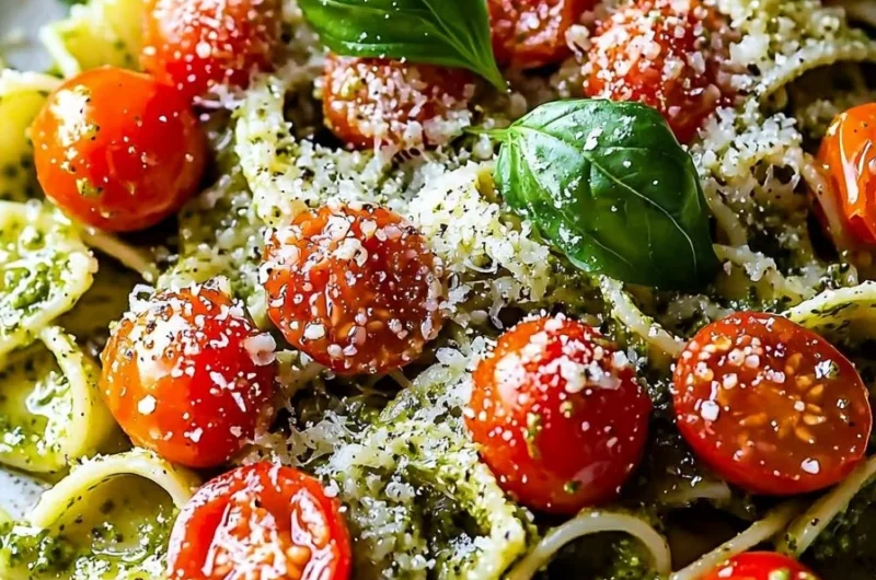 Easy 20-minute pesto pasta with cherry tomatoes dish