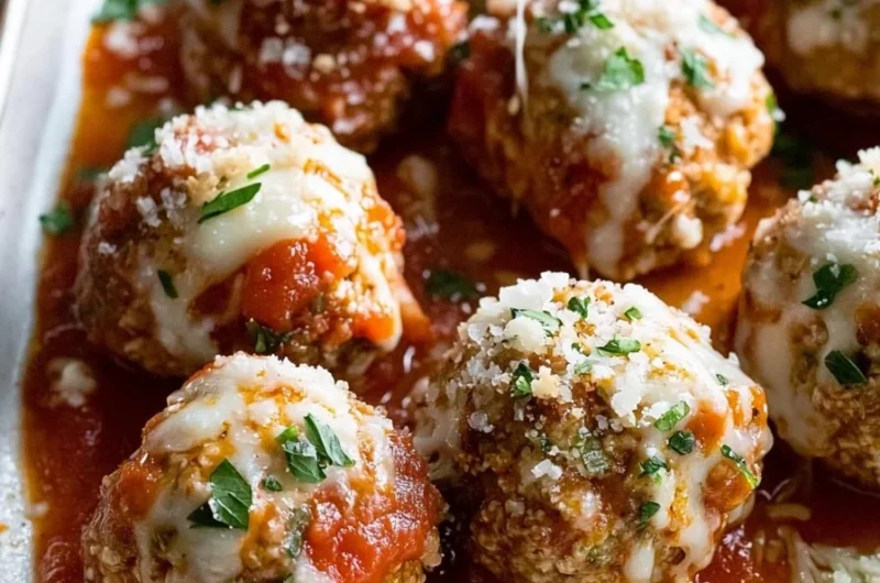 Easy baked chicken parmesan meatballs served on a plate with marinara sauce