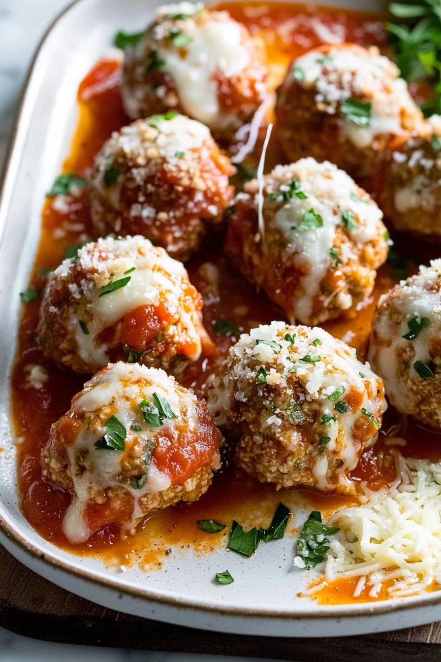 Easy baked chicken parmesan meatballs served on a plate with marinara sauce