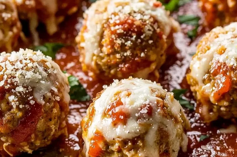 Healthy easy baked chicken parmesan meatballs served with marinara sauce
