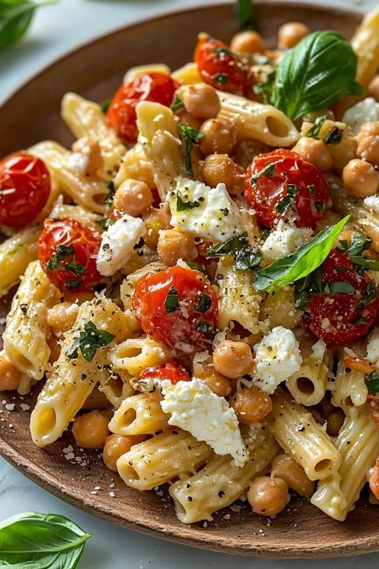 Easy baked feta pasta with chickpeas in a serving dish