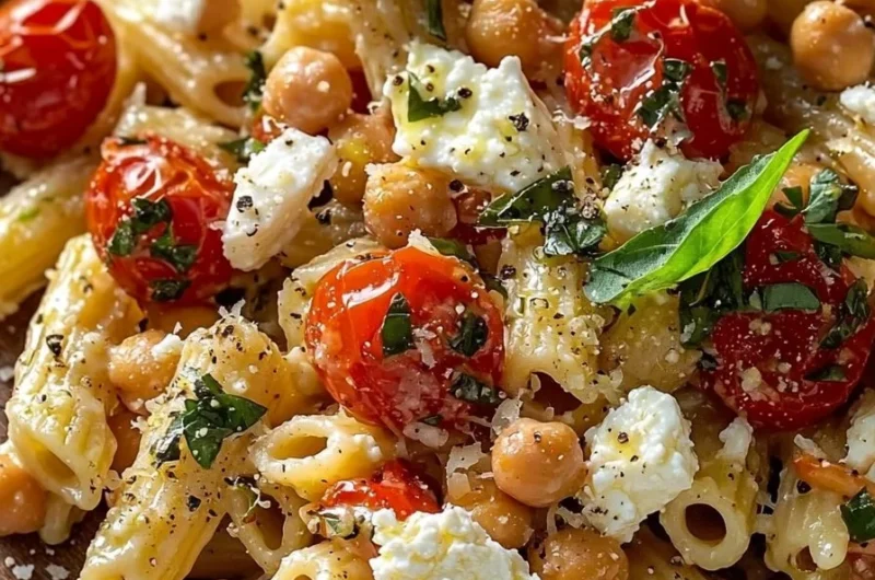 Easy baked feta pasta with chickpeas in a serving dish