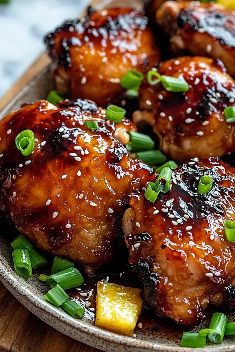 Easy baked Huli Huli chicken on a plate with fresh herbs