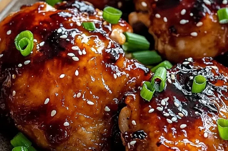 Easy baked Huli Huli chicken on a plate with fresh herbs