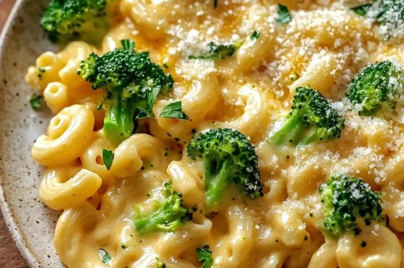 Creamy easy broccoli mac and cheese in a bowl topped with breadcrumbs