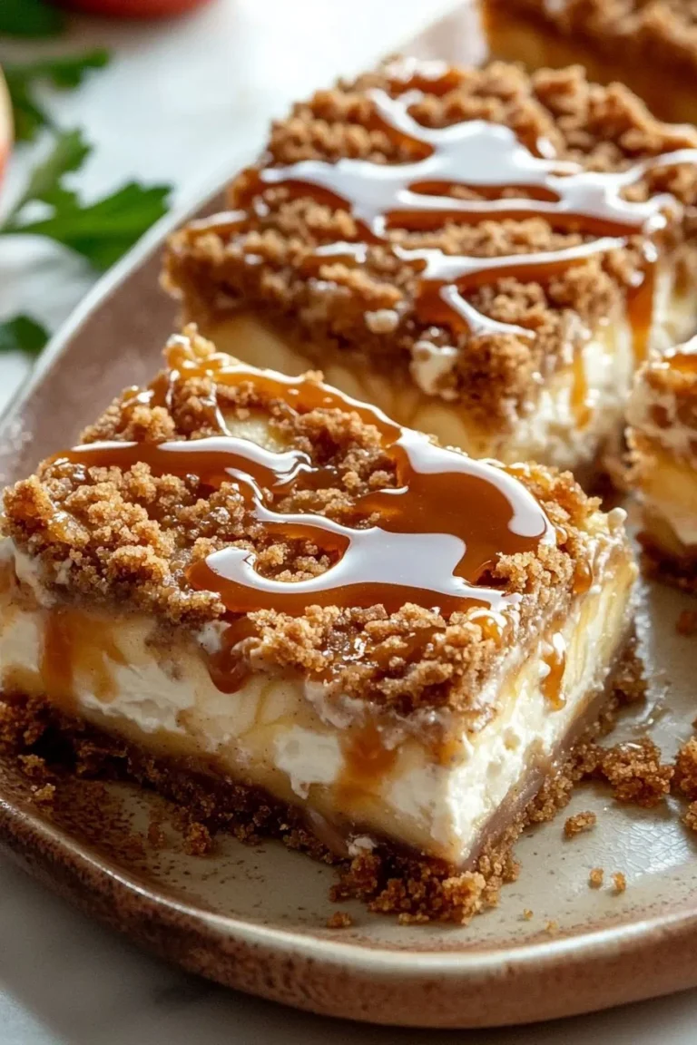 Delicious easy caramel apple cheesecake bars with caramel drizzle and apple chunks.