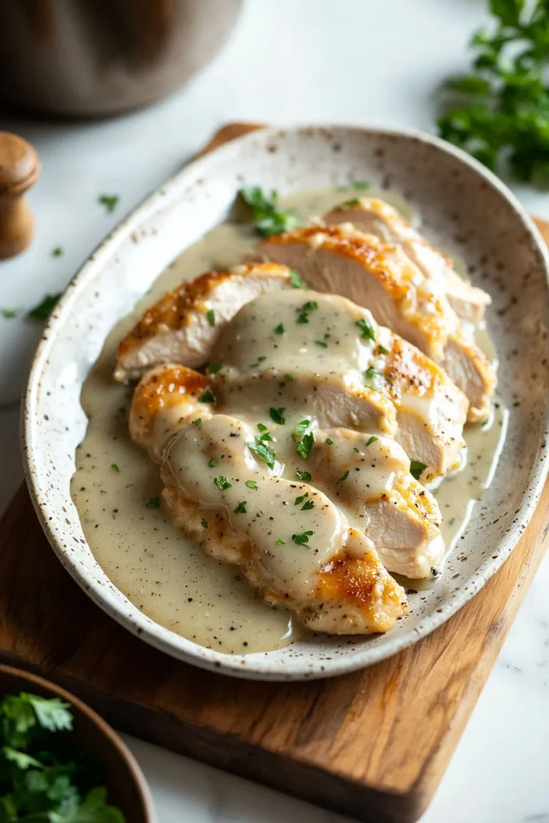 A rich bowl of easy chicken gravy served over succulent chicken pieces.