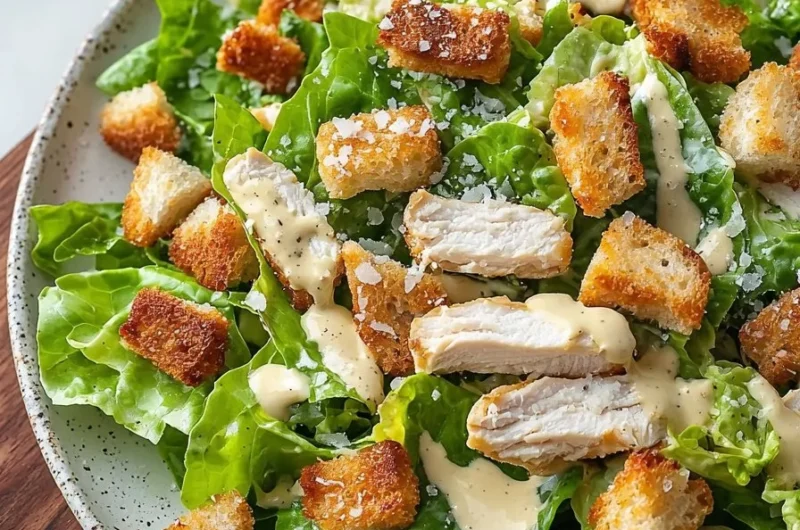 Delicious easy chicken Caesar salad with grilled chicken and fresh romaine lettuce