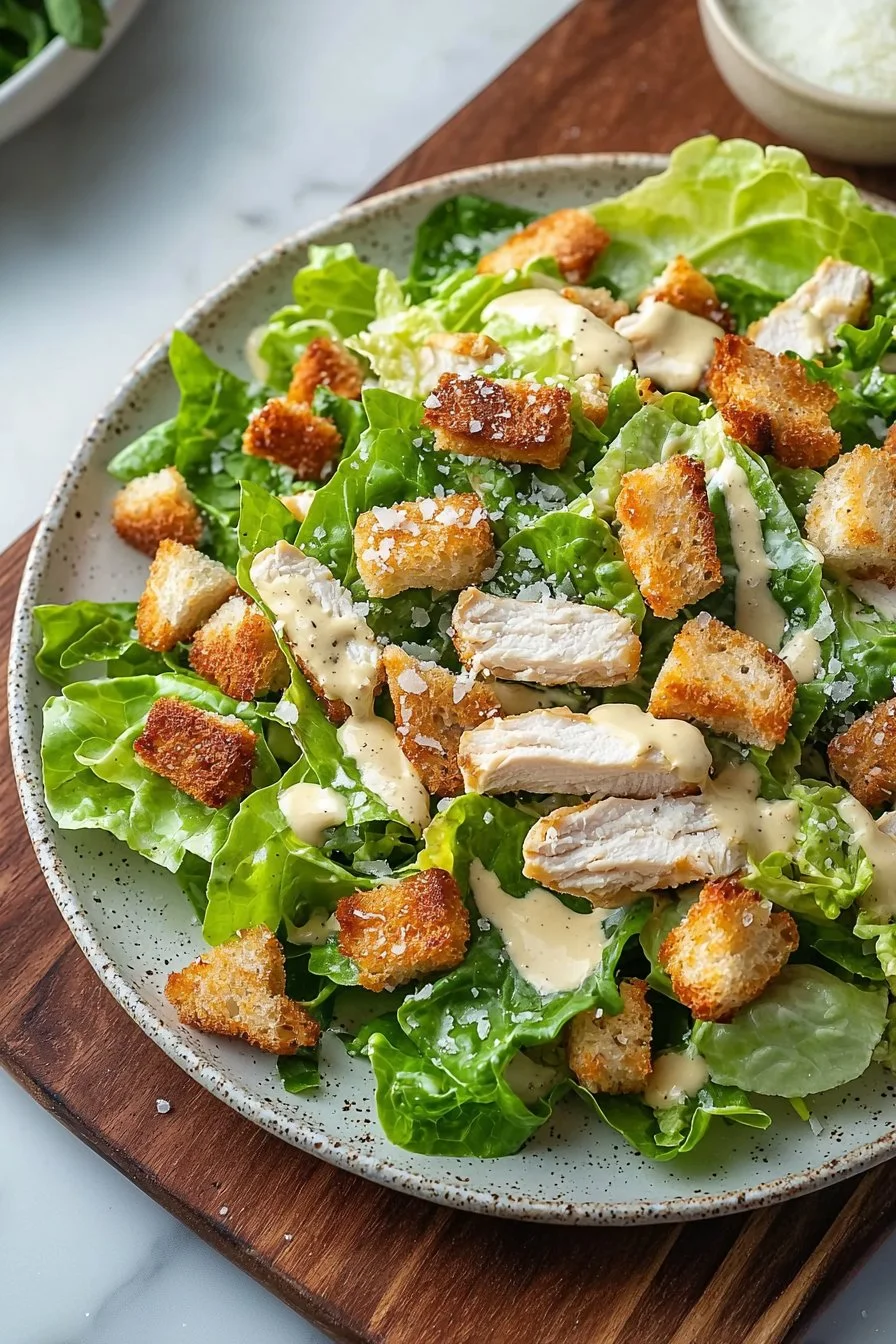 Delicious easy chicken Caesar salad with grilled chicken and fresh romaine lettuce