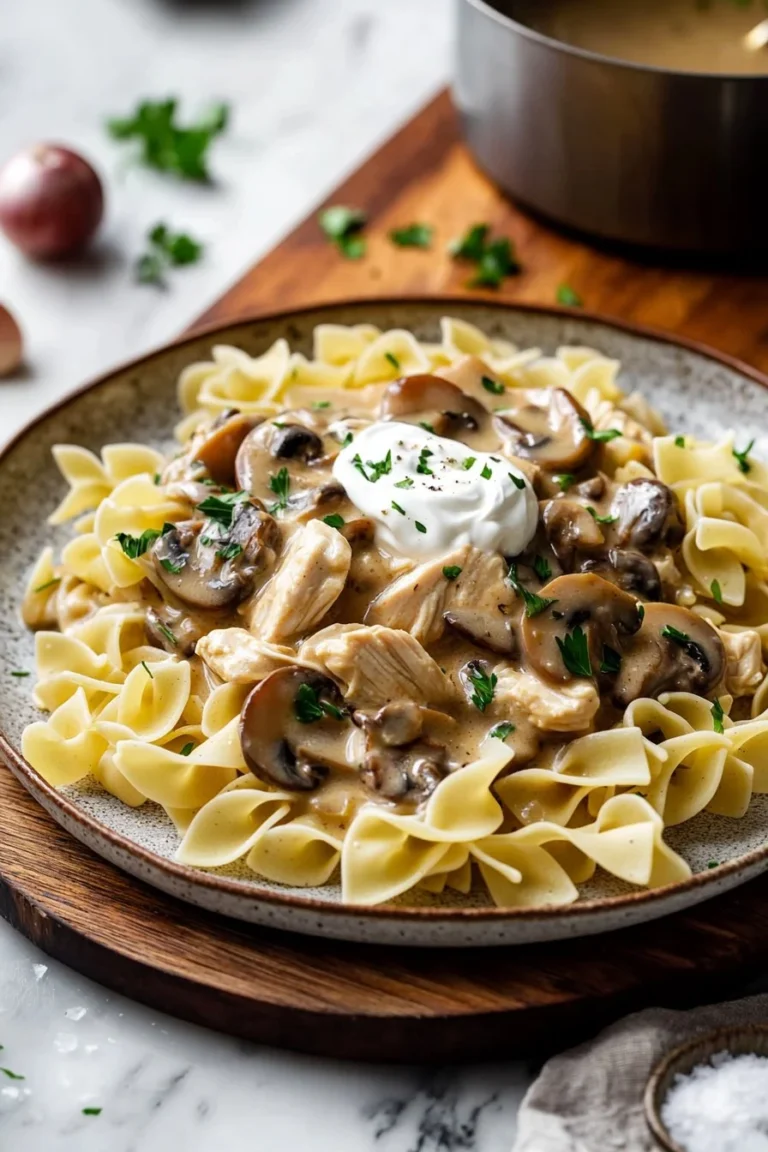 Creamy chicken stroganoff served with noodles on a plate