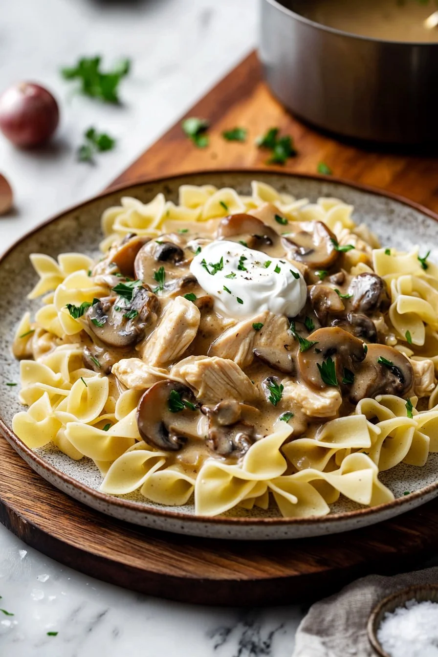 Creamy chicken stroganoff served with noodles on a plate
