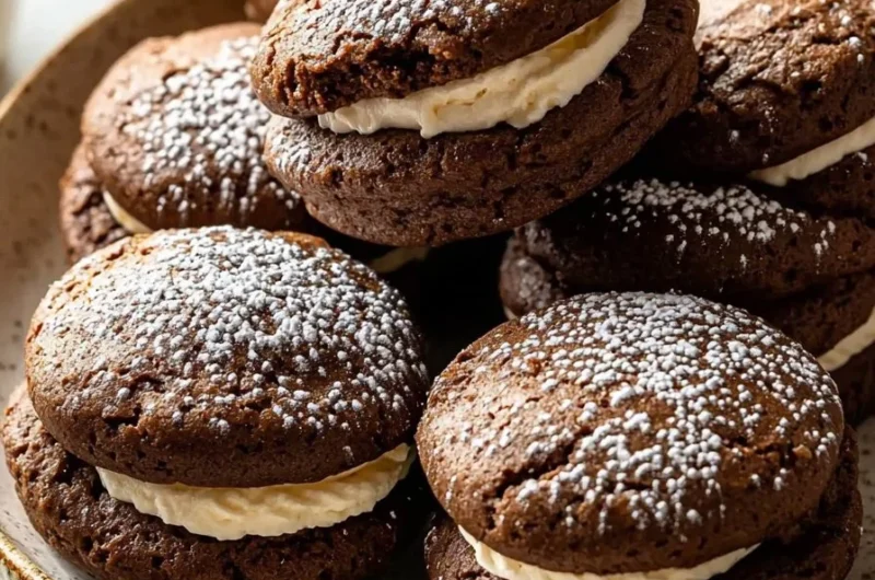 Delicious chocolate coffee whoopie pies on a plate, bakery style.