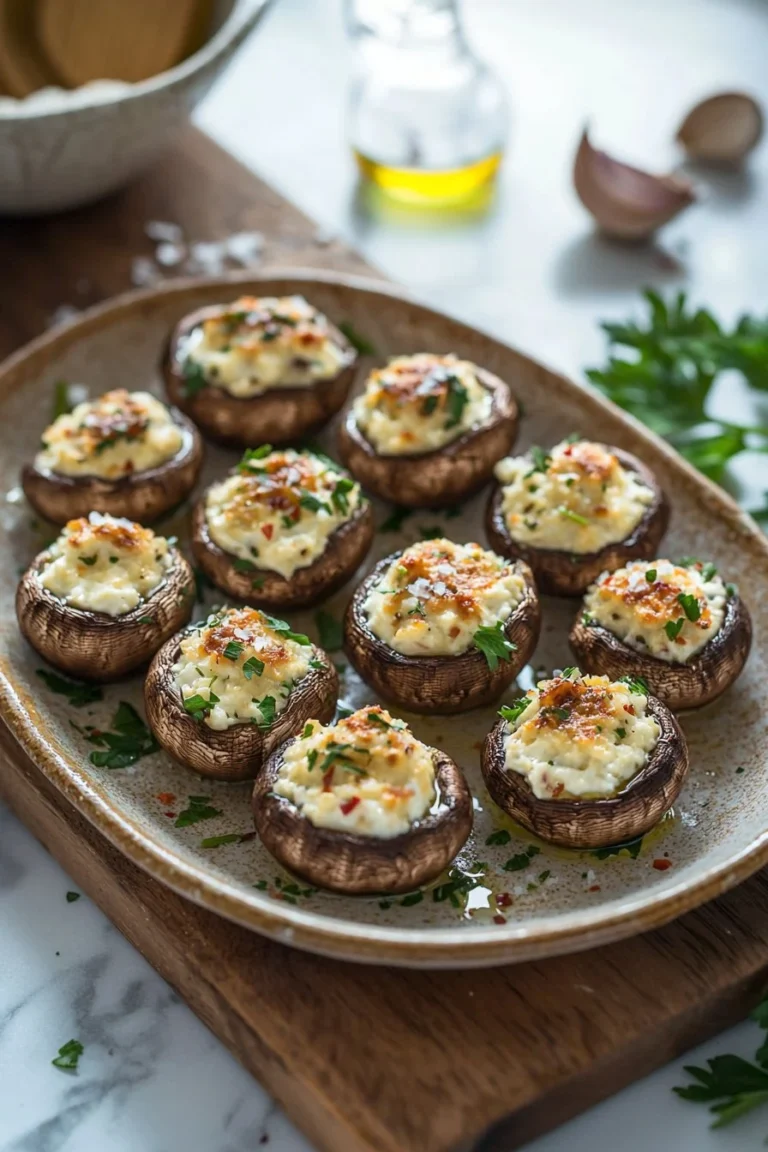 Easy cream cheese stuffed mushrooms ready to serve, perfect appetizer dish