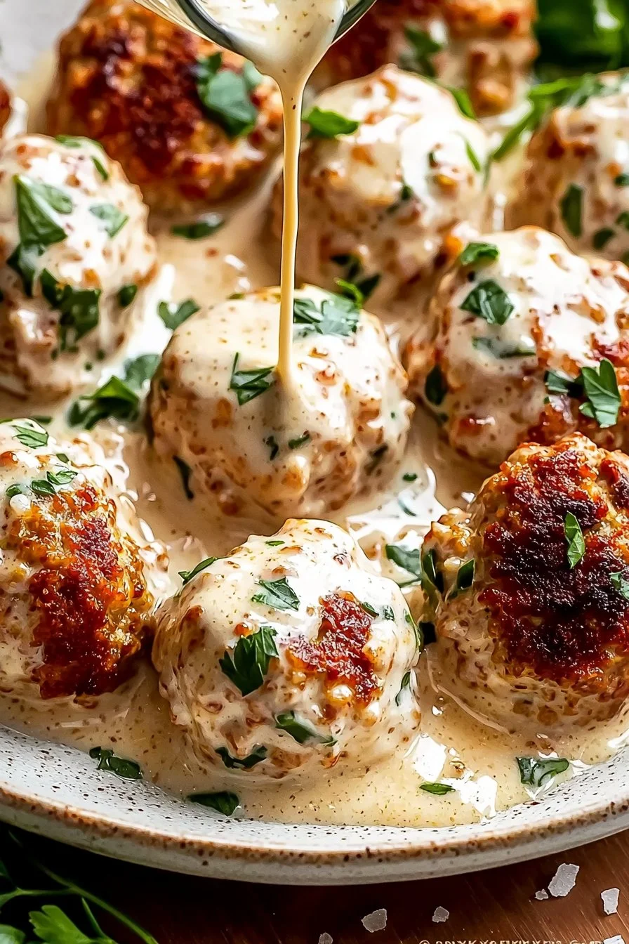 Creamy Marry Me Chicken meatballs served on a plate with herbs and sauce