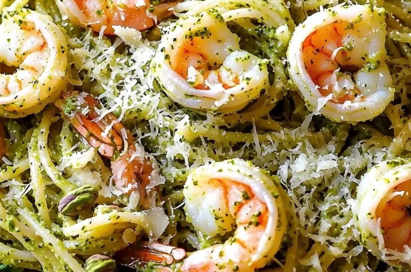 Creamy pistachio pesto pasta with shrimp in a delicious serving bowl.