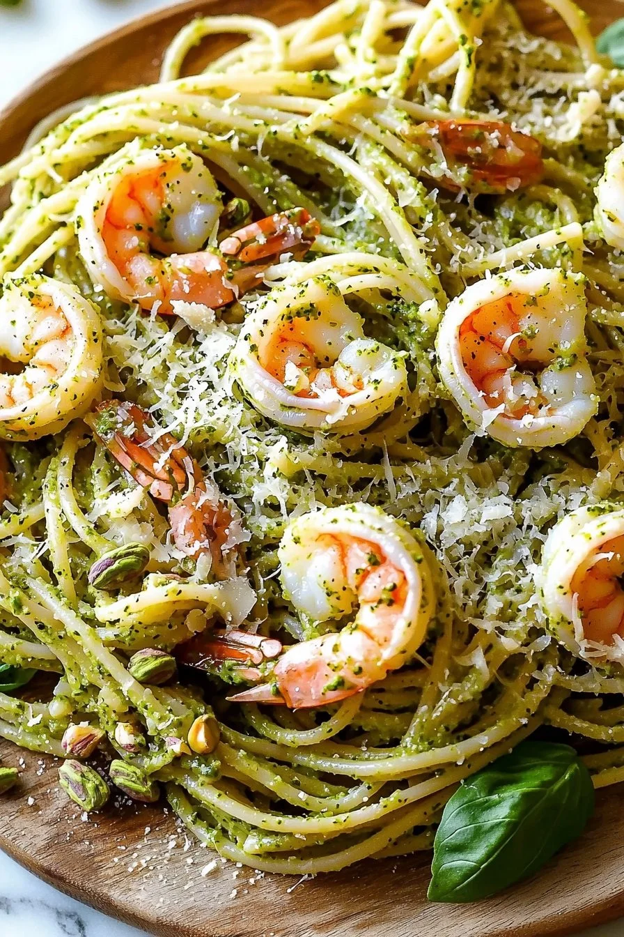 Creamy pistachio pesto pasta with shrimp in a delicious serving bowl.