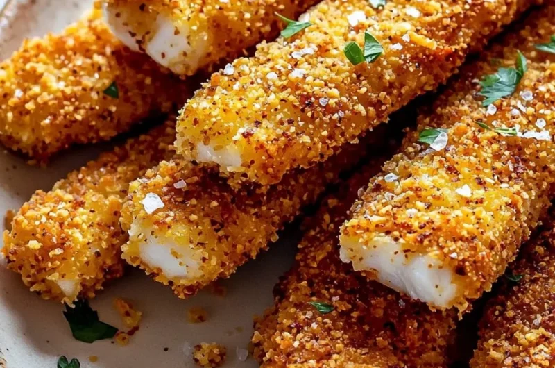 Crispy baked fish sticks served on a plate with dipping sauce