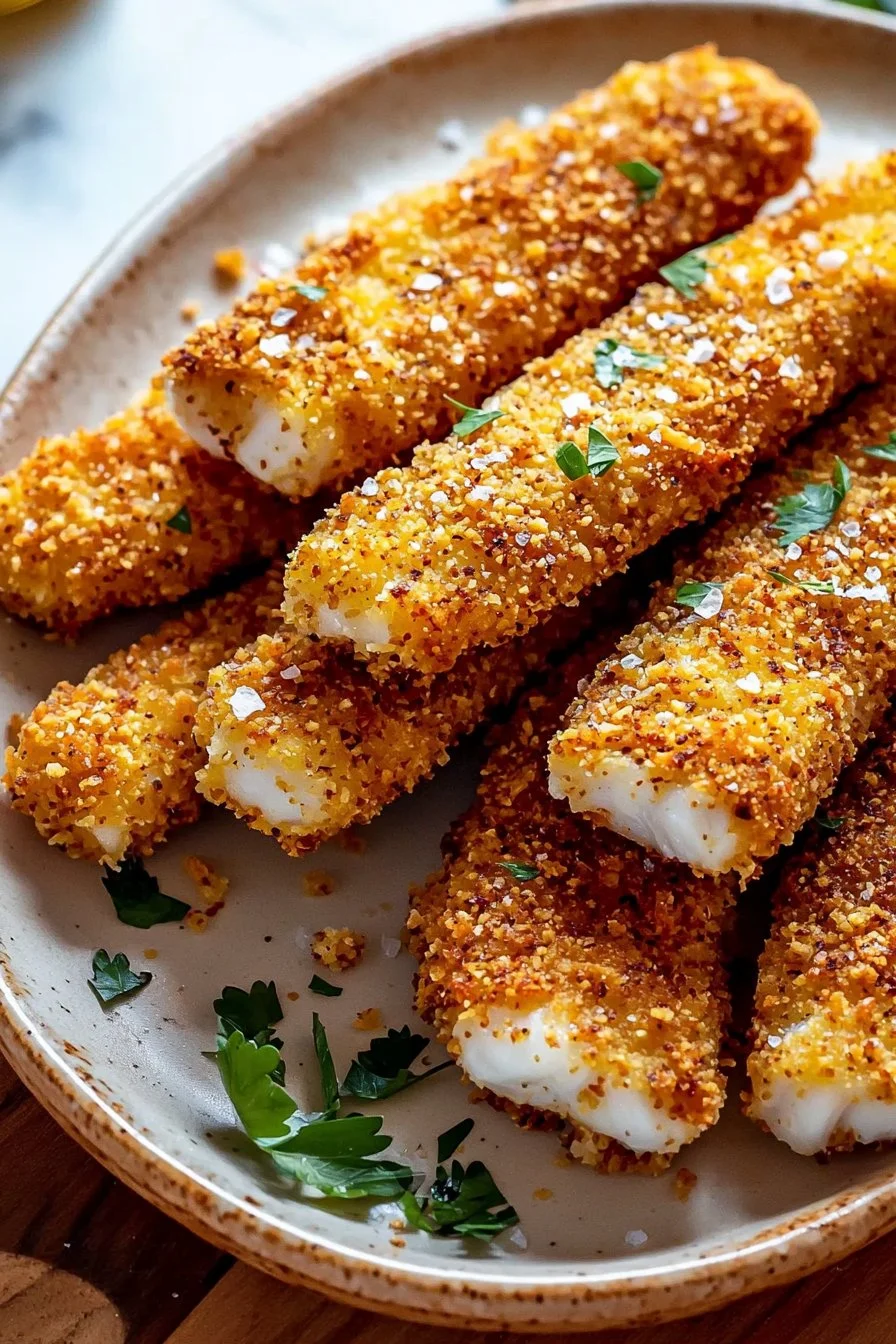 Crispy baked fish sticks served on a plate with dipping sauce