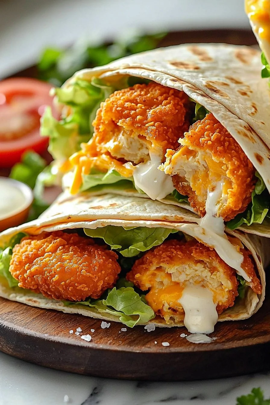 Easy crispy chicken nugget wraps served in a tortilla with fresh ingredients