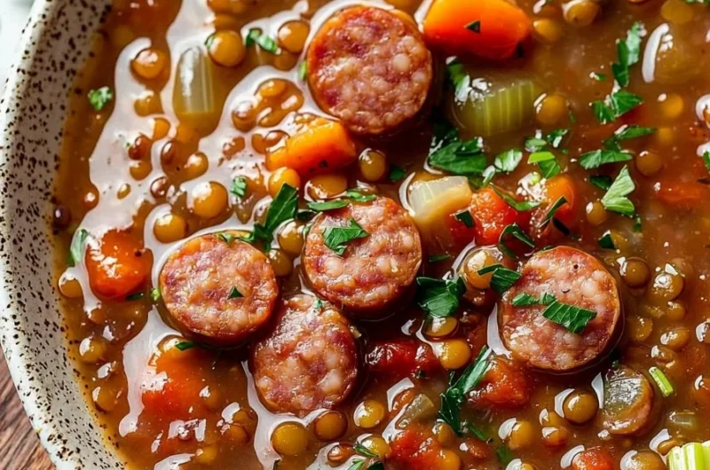 Bowl of easy Crockpot Sausage Lentil Soup with fresh herbs and sausage chunks