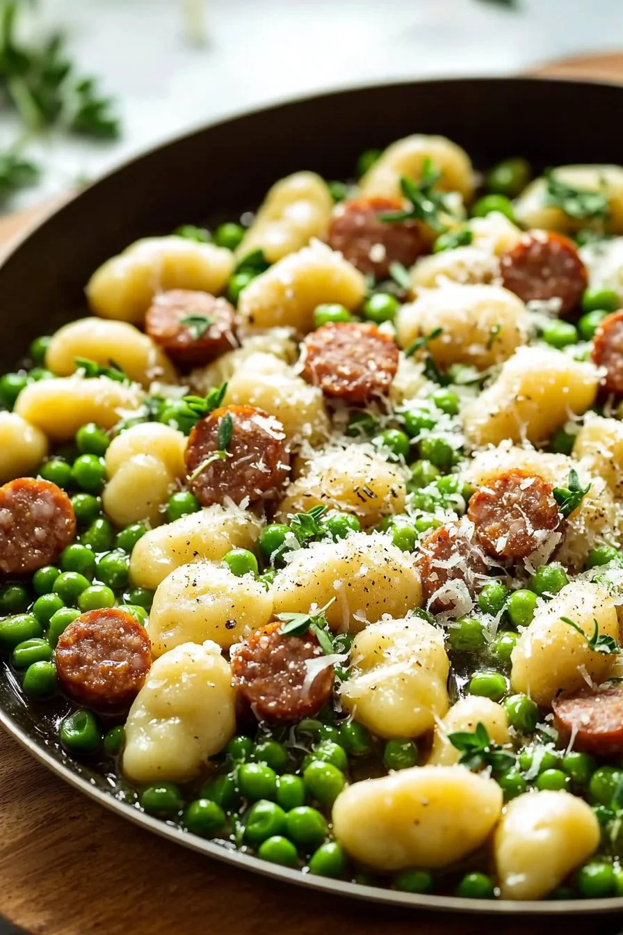 Easy gnocchi with peas and sausage in a one-pan recipe