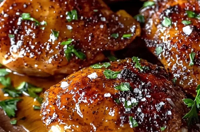 Plate of easy honey mustard chicken thighs garnished with herbs
