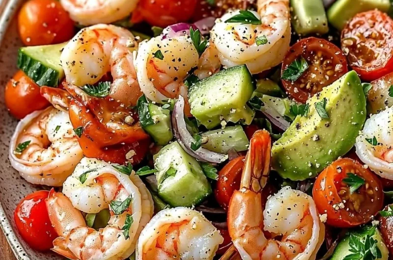 Easy Mediterranean shrimp and avocado salad in a bowl
