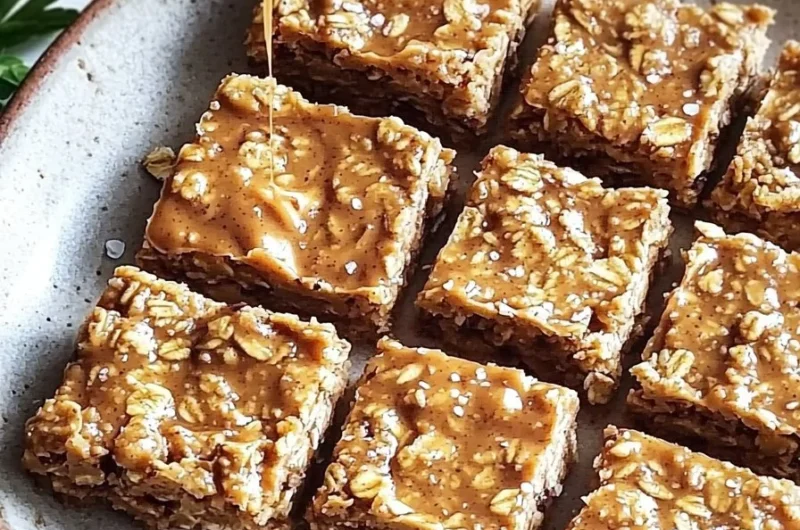 Delicious no bake peanut butter oatmeal bars cut into squares on a wooden board