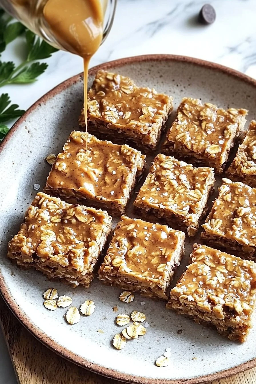 Delicious no bake peanut butter oatmeal bars cut into squares on a wooden board