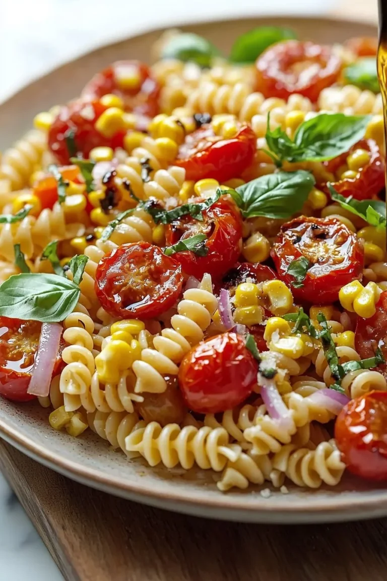 Easy roasted corn and tomato pasta salad with vibrant colors and fresh ingredients