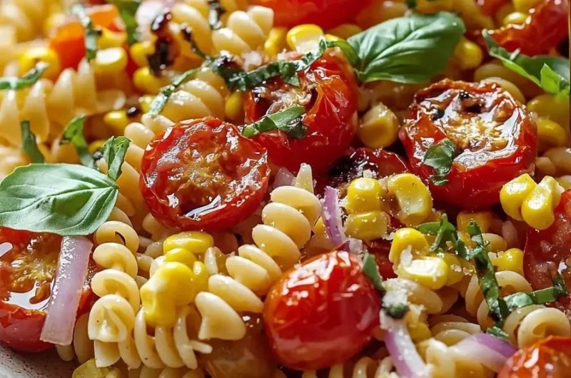 Easy roasted corn and tomato pasta salad with vibrant colors and fresh ingredients