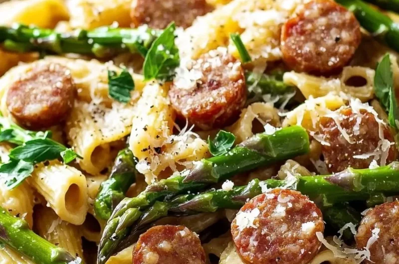 Plate of easy sausage asparagus pasta with fresh ingredients