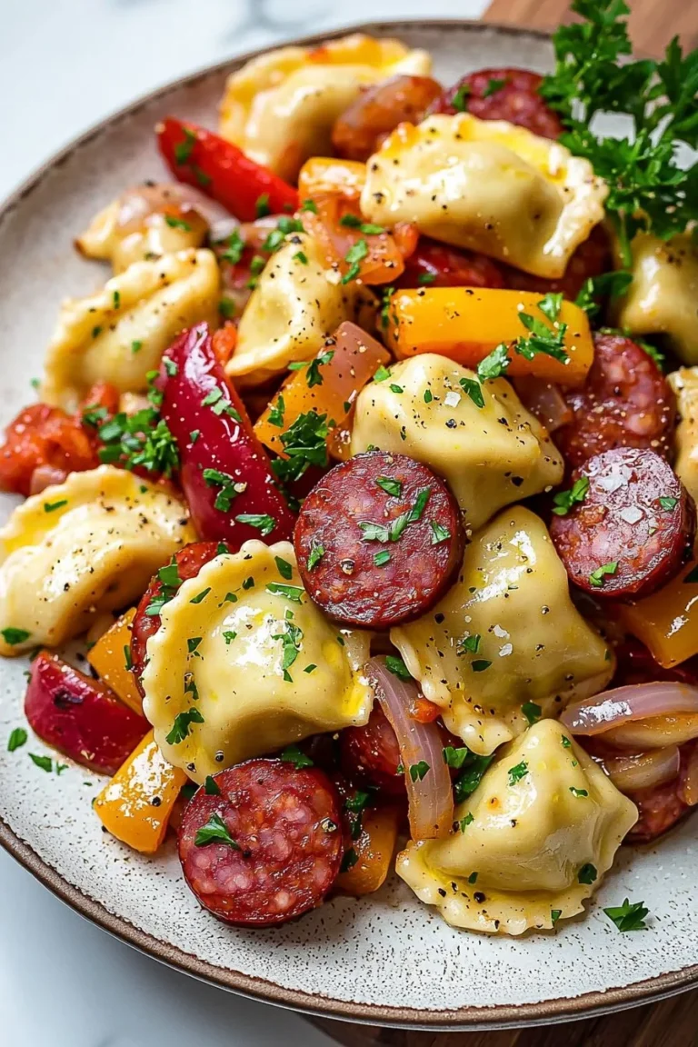 Easy sheet pan pierogies and kielbasa dish on a serving platter