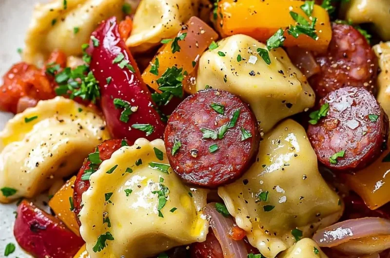 Easy sheet pan pierogies and kielbasa dish on a serving platter