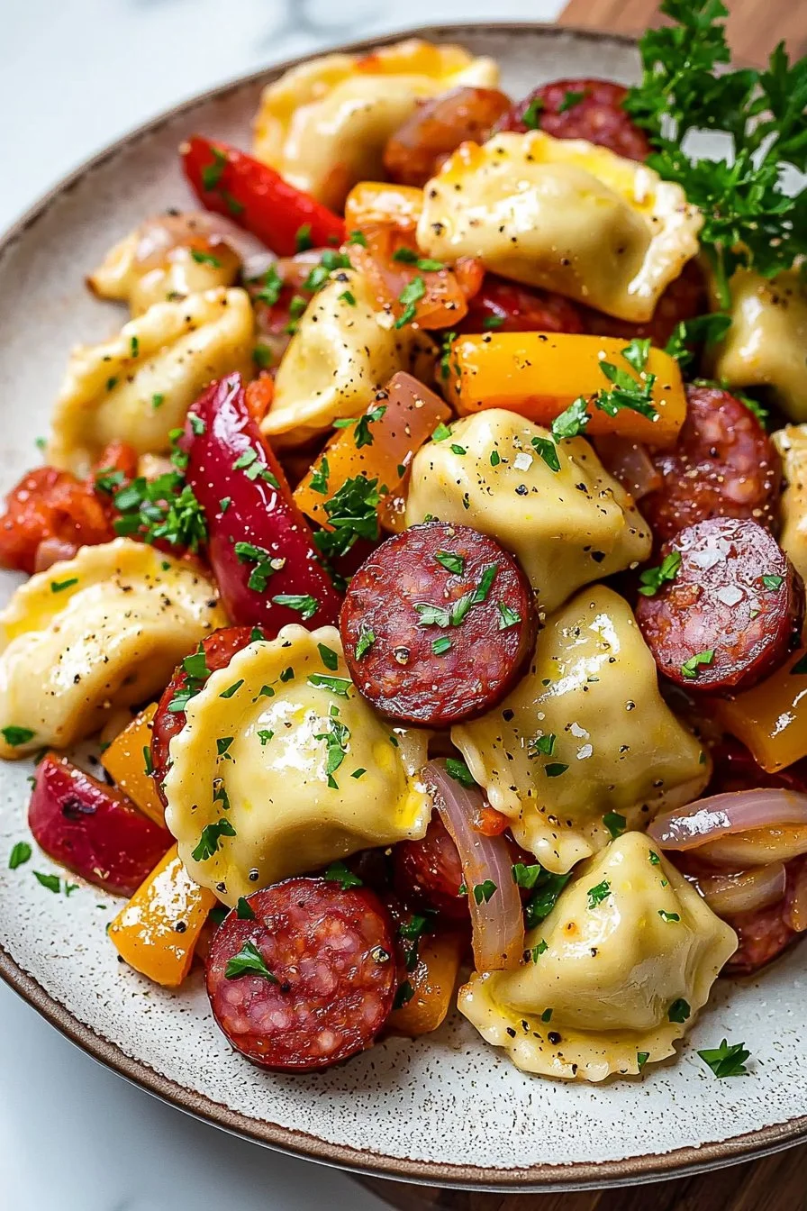 Easy sheet pan pierogies and kielbasa dish on a serving platter
