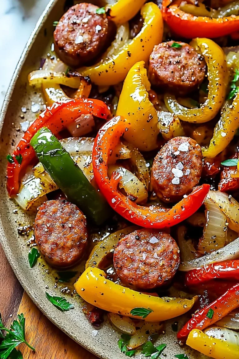 Easy sheet pan sausage with peppers and onions roasted on a baking tray