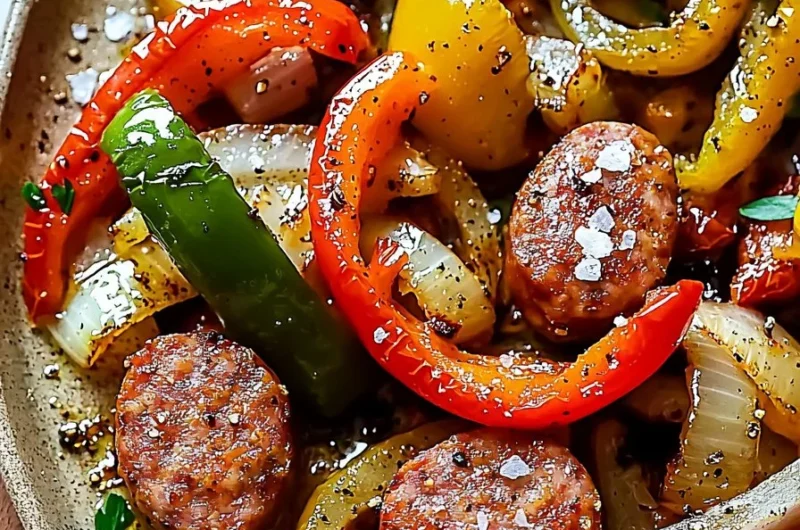 Easy sheet pan sausage with peppers and onions roasted on a baking tray