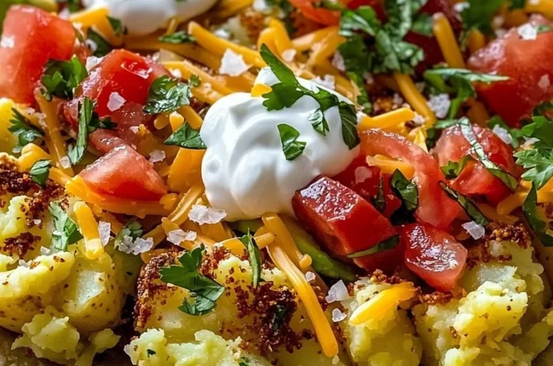 Sheet pan smashed potato tacos topped with fresh veggies and sauces.